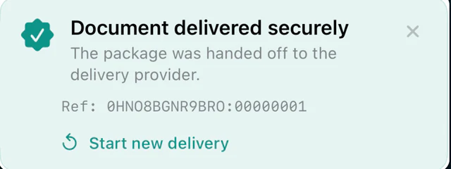 A delivery receipt in the MediScribe Flow app: 'Document delivered securely — the package was handed off to the delivery provider', a reference number beginning 0HNO8BGNR9BRO, and a Start new delivery action (sample data).