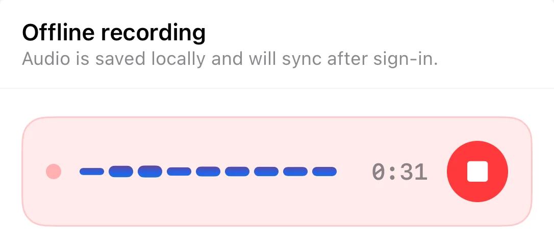 Offline recording in the MediScribe Flow iPhone app while signed out — 'Audio is saved locally and will sync after sign-in' — with a live waveform at 0 minutes 31 seconds and a stop button (sample data).