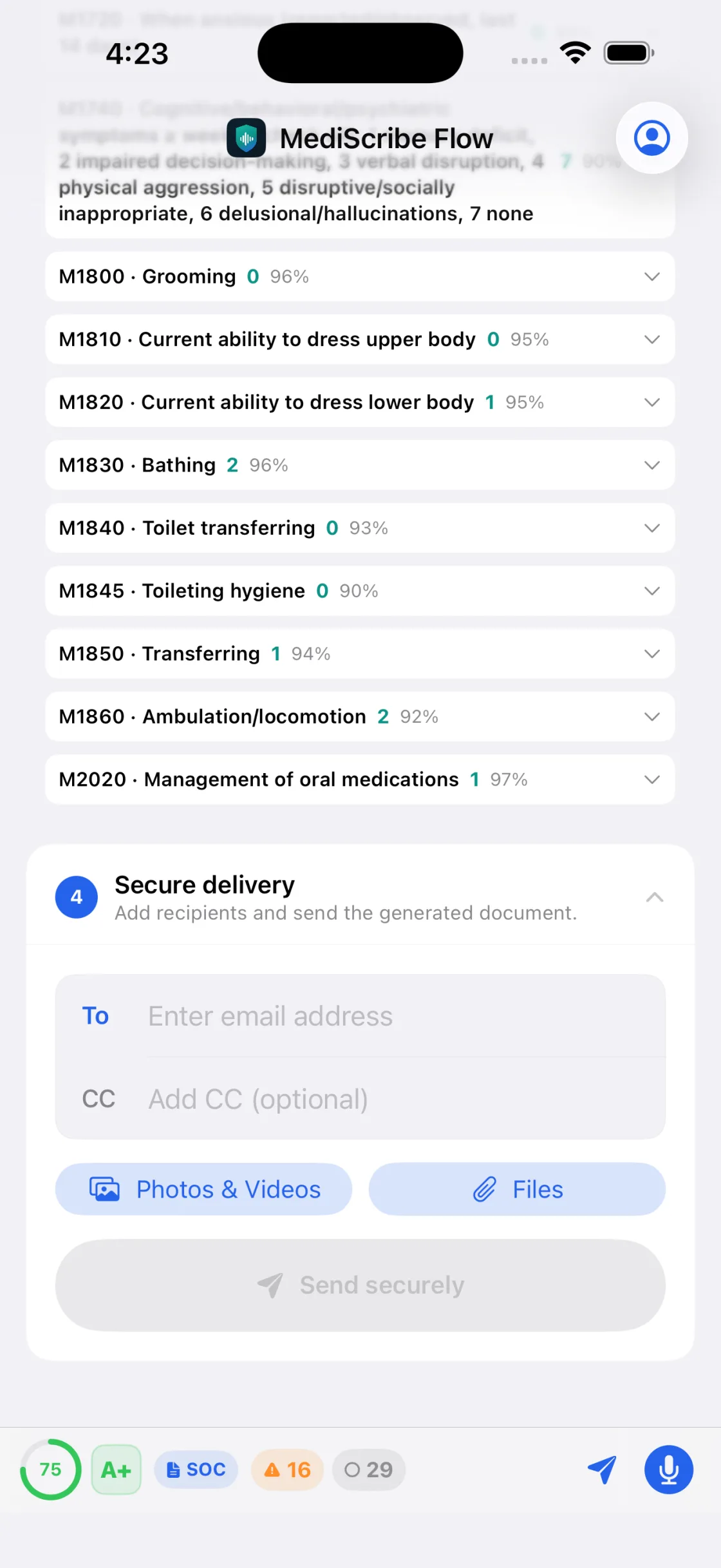 Secure delivery step with recipient controls in the MediScribe Flow mobile app (sample data).