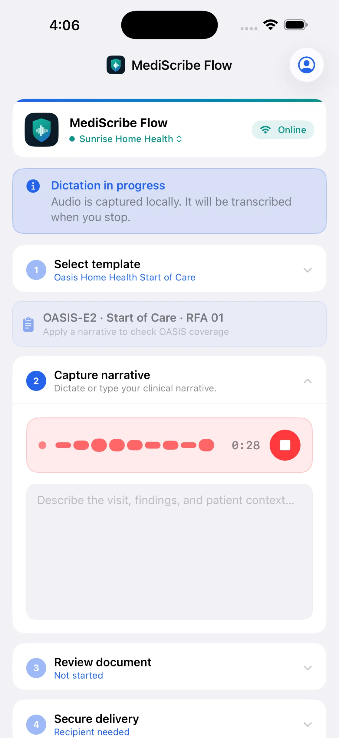 Dictation in progress in the MediScribe Flow mobile app, with audio captured locally first (sample data).