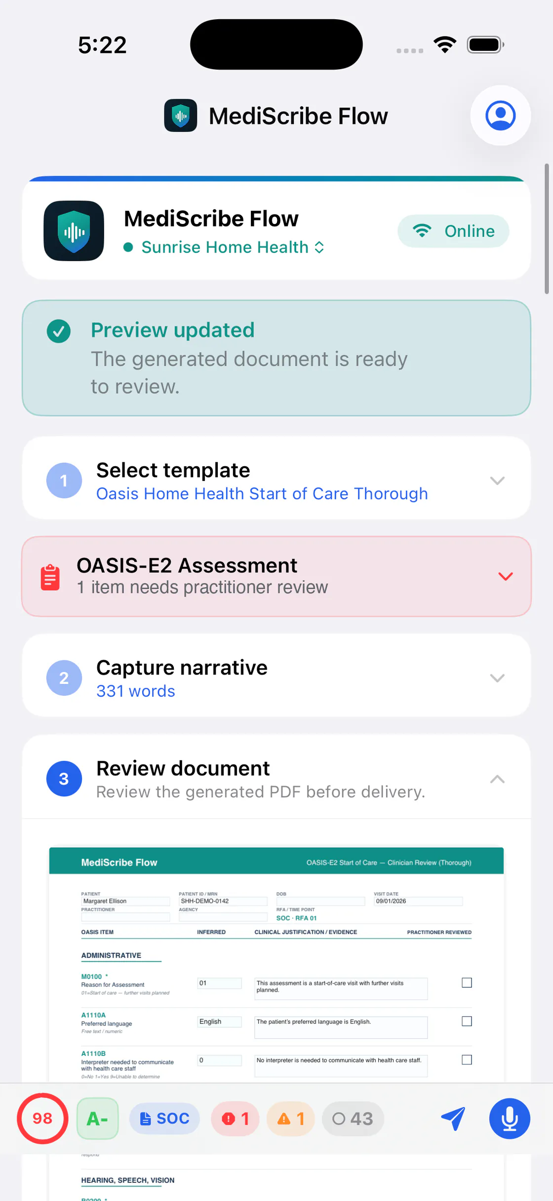The MediScribe Flow iPhone app after drafting: a 'Preview updated — the generated document is ready to review' banner, the OASIS-E2 assessment marked as needing practitioner review, and the first page of the generated PDF under Review document (sample data).