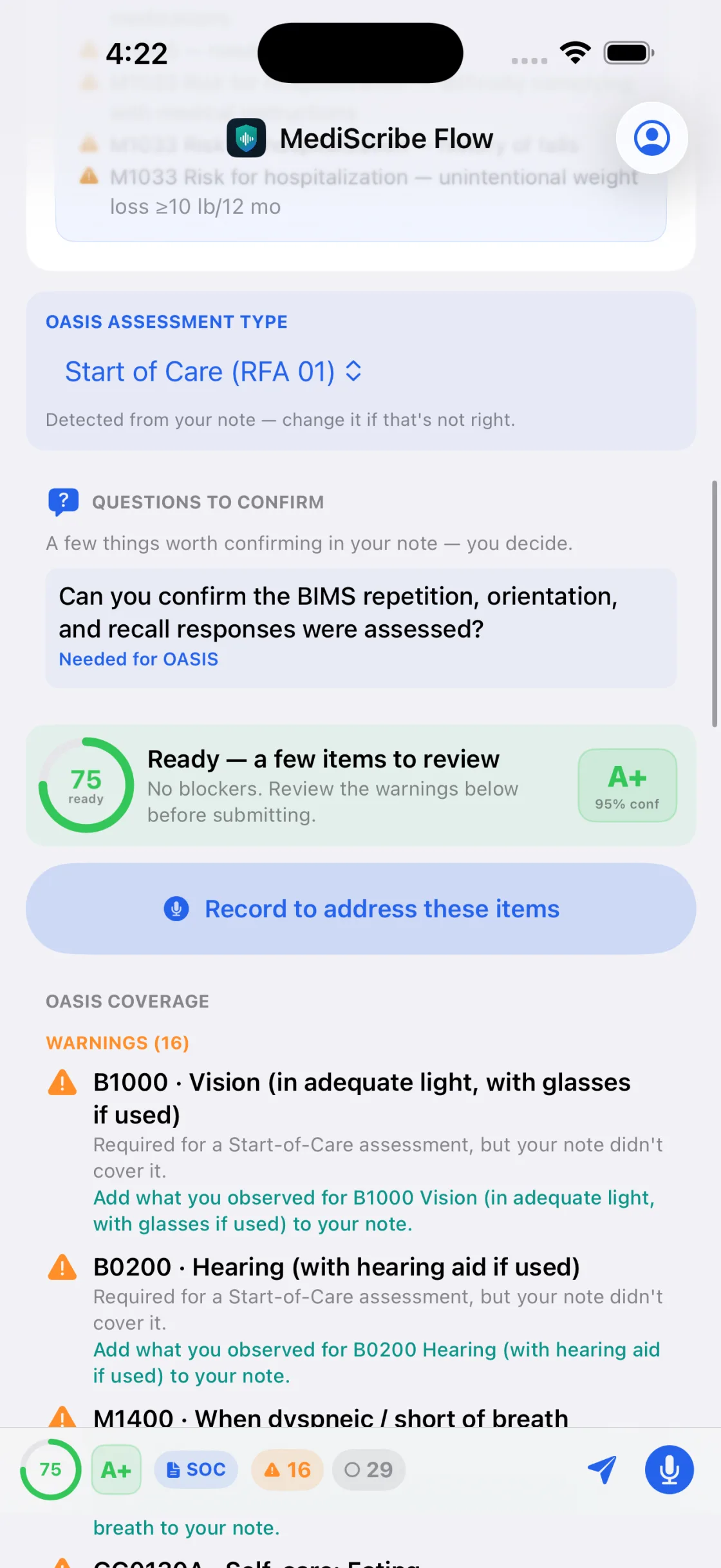 OASIS coverage coach showing a readiness score, evidence grade, and items that need attention (sample data).