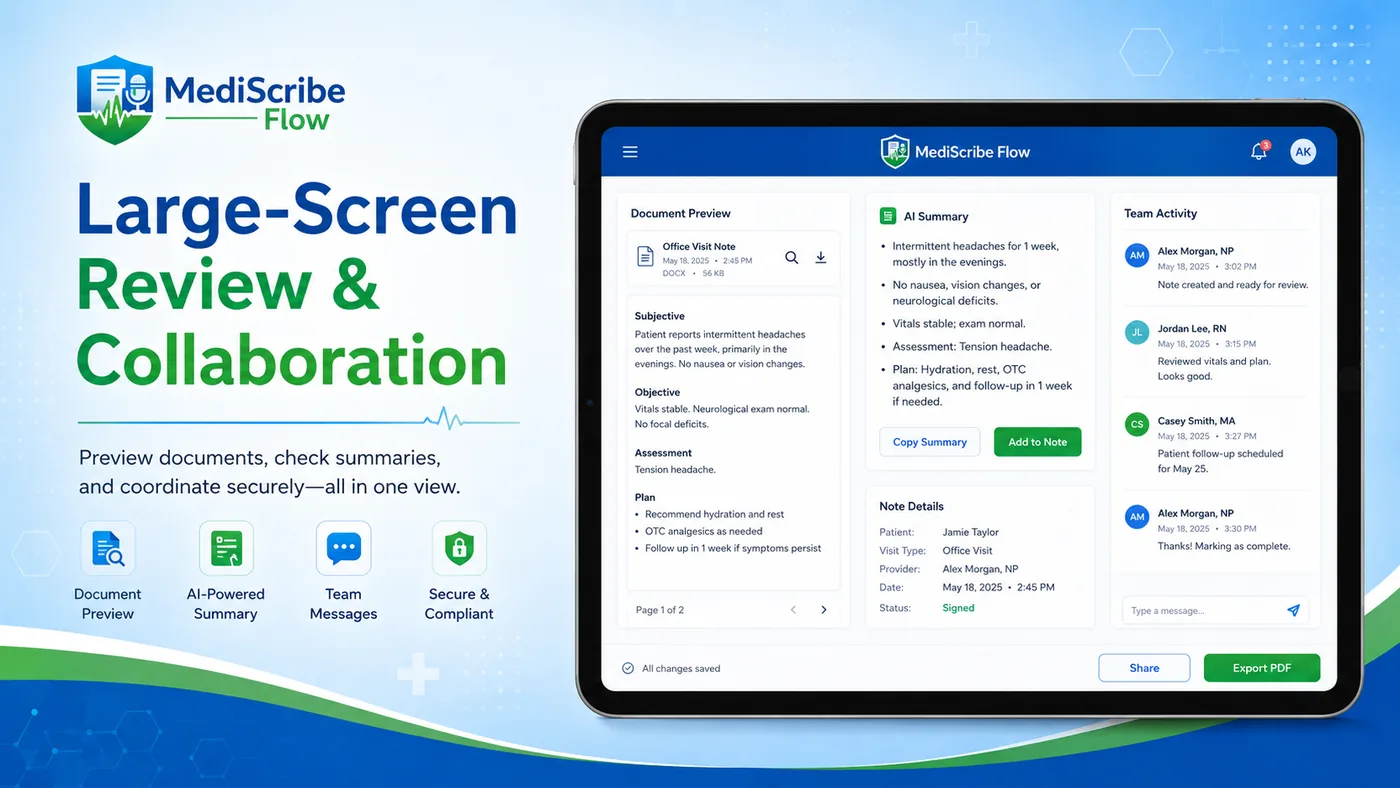 MediScribe Flow review workspace showing prepared clinical documentation ready for clinician review (sample data).