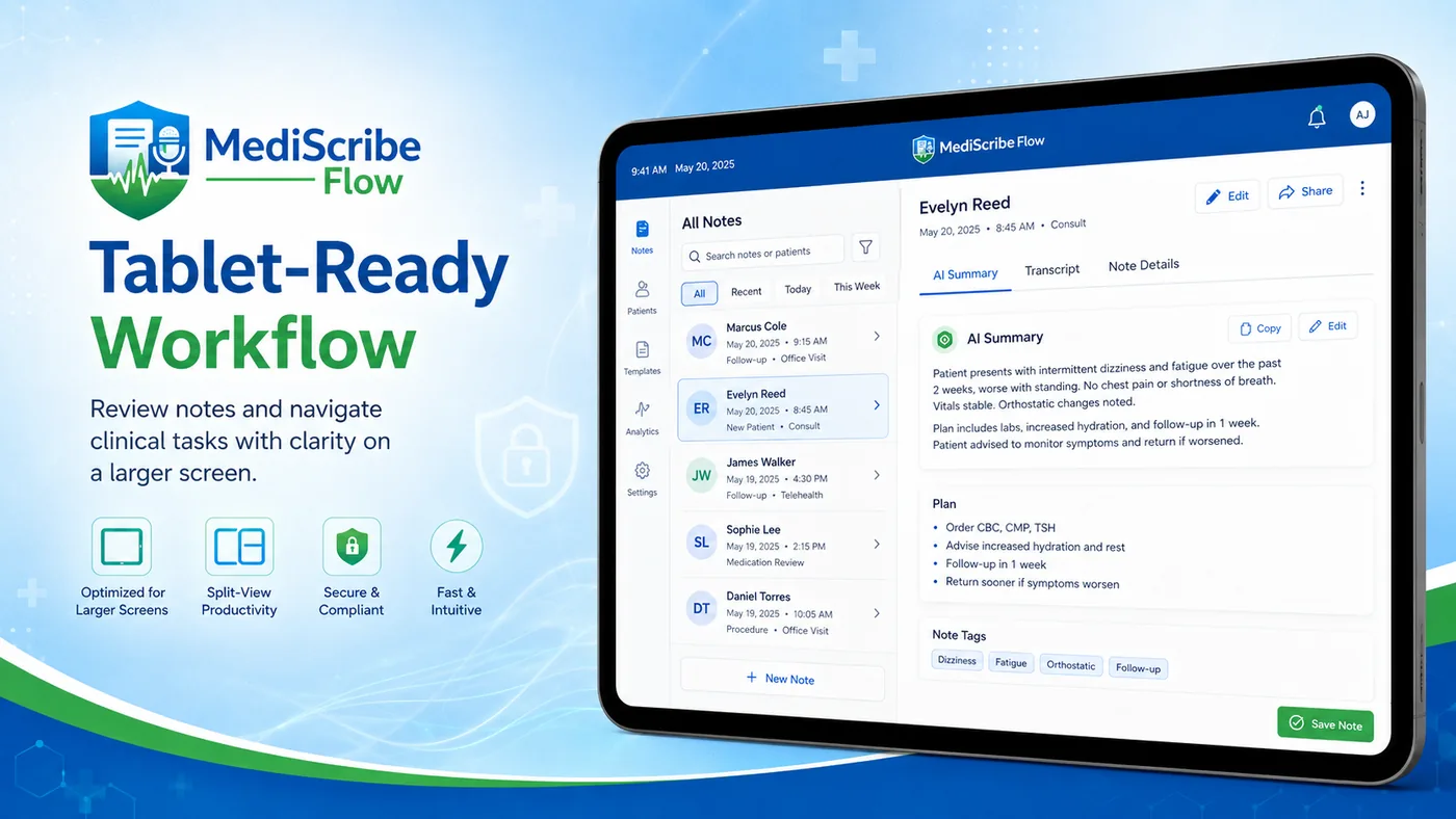 MediScribe Flow workspace for reviewing and collaborating on clinical documentation (sample data).